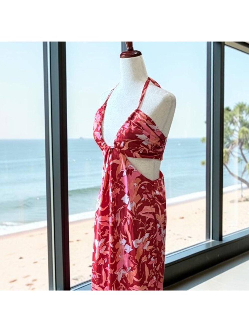 J. Crew Collection Halter Cut Out Maxi Satin Dress Lily Swirl Coral Pink Resort - Picture 3 of 7
